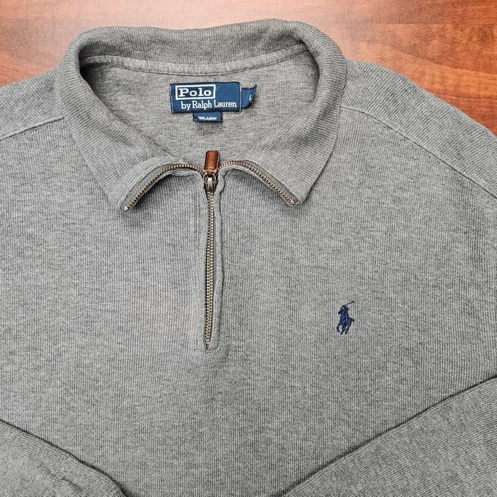 Polo Ralph Lauren Mens Large Gray 1/4 Zip Cotton Pullover Sweater Heather Gray